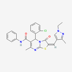 molecular formula C27H24ClN5O2S B5274913 5-(2-CHLOROPHENYL)-2-[(E)-1-(1-ETHYL-3-METHYL-1H-PYRAZOL-4-YL)METHYLIDENE]-7-METHYL-3-OXO-N-PHENYL-2,3-DIHYDRO-5H-[1,3]THIAZOLO[3,2-A]PYRIMIDINE-6-CARBOXAMIDE 