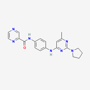 molecular formula C20H21N7O B5277475 N-(4-{[6-methyl-2-(1-pyrrolidinyl)-4-pyrimidinyl]amino}phenyl)-2-pyrazinecarboxamide 