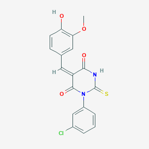 (5E)-1-(3-chlorophenyl)-5-[(4-hydroxy-3-methoxyphenyl)methylidene]-2-sulfanylidene-1,3-diazinane-4,6-dione