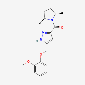 molecular formula C18H23N3O3 B5281776 3-{[(2R*,5S*)-2,5-dimethylpyrrolidin-1-yl]carbonyl}-5-[(2-methoxyphenoxy)methyl]-1H-pyrazole 