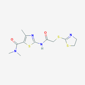 molecular formula C12H16N4O2S3 B5282555 2-{[(4,5-dihydro-1,3-thiazol-2-ylthio)acetyl]amino}-N,N,4-trimethyl-1,3-thiazole-5-carboxamide 