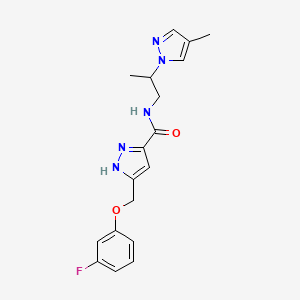 molecular formula C18H20FN5O2 B5289023 5-[(3-fluorophenoxy)methyl]-N-[2-(4-methyl-1H-pyrazol-1-yl)propyl]-1H-pyrazole-3-carboxamide 