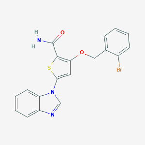 molecular formula C19H14BrN3O2S B529288 5-(1H-1,3-benzodiazol-1-yl)-3-[(2-bromophenyl)methoxy]thiophene-2-carboxamide 