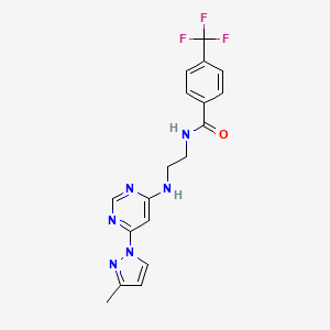 molecular formula C18H17F3N6O B5293611 N-(2-{[6-(3-methyl-1H-pyrazol-1-yl)-4-pyrimidinyl]amino}ethyl)-4-(trifluoromethyl)benzamide 