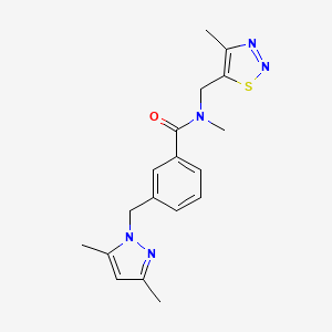 molecular formula C18H21N5OS B5294882 3-[(3,5-dimethyl-1H-pyrazol-1-yl)methyl]-N-methyl-N-[(4-methyl-1,2,3-thiadiazol-5-yl)methyl]benzamide 