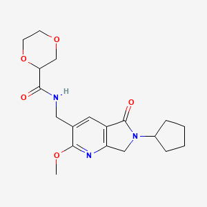 N-[(6-cyclopentyl-2-methoxy-5-oxo-6,7-dihydro-5H-pyrrolo[3,4-b]pyridin-3-yl)methyl]-1,4-dioxane-2-carboxamide