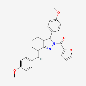 molecular formula C27H26N2O4 B5296326 2-(2-furoyl)-7-(4-methoxybenzylidene)-3-(4-methoxyphenyl)-3,3a,4,5,6,7-hexahydro-2H-indazole 