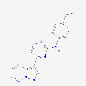 molecular formula C19H18N6 B529645 Pyrazolo[1,5-b]pyridazine deriv. 22 