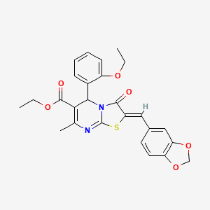 molecular formula C26H24N2O6S B5297566 ethyl 2-(1,3-benzodioxol-5-ylmethylene)-5-(2-ethoxyphenyl)-7-methyl-3-oxo-2,3-dihydro-5H-[1,3]thiazolo[3,2-a]pyrimidine-6-carboxylate 