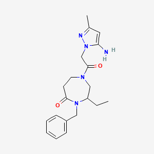 molecular formula C20H27N5O2 B5298509 1-[(5-amino-3-methyl-1H-pyrazol-1-yl)acetyl]-4-benzyl-3-ethyl-1,4-diazepan-5-one 