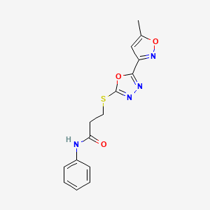 molecular formula C15H14N4O3S B5298722 3-{[5-(5-methyl-3-isoxazolyl)-1,3,4-oxadiazol-2-yl]thio}-N-phenylpropanamide 