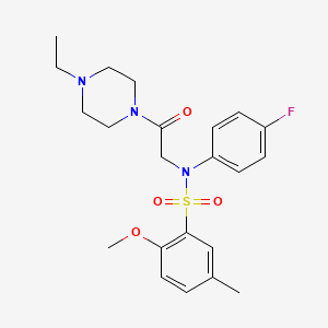 molecular formula C22H28FN3O4S B5299142 N-[2-(4-ethyl-1-piperazinyl)-2-oxoethyl]-N-(4-fluorophenyl)-2-methoxy-5-methylbenzenesulfonamide 