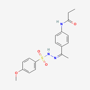 molecular formula C18H21N3O4S B5300219 N-(4-{N-[(4-methoxyphenyl)sulfonyl]ethanehydrazonoyl}phenyl)propanamide 