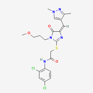 molecular formula C21H23Cl2N5O3S B5300374 N-(2,4-dichlorophenyl)-2-{[4-[(1,3-dimethyl-1H-pyrazol-4-yl)methylene]-1-(3-methoxypropyl)-5-oxo-4,5-dihydro-1H-imidazol-2-yl]thio}acetamide 