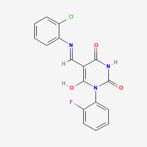 molecular formula C17H11ClFN3O3 B5300402 5-{[(2-chlorophenyl)amino]methylene}-1-(2-fluorophenyl)-2,4,6(1H,3H,5H)-pyrimidinetrione 