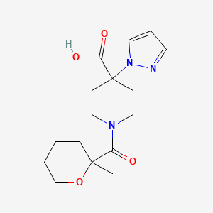 molecular formula C16H23N3O4 B5300654 1-[(2-methyltetrahydro-2H-pyran-2-yl)carbonyl]-4-(1H-pyrazol-1-yl)piperidine-4-carboxylic acid 