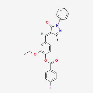molecular formula C26H21FN2O4 B5301996 2-ethoxy-4-[(3-methyl-5-oxo-1-phenyl-1,5-dihydro-4H-pyrazol-4-ylidene)methyl]phenyl 4-fluorobenzoate 
