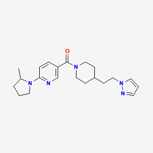 molecular formula C21H29N5O B5302487 2-(2-methylpyrrolidin-1-yl)-5-({4-[2-(1H-pyrazol-1-yl)ethyl]piperidin-1-yl}carbonyl)pyridine 