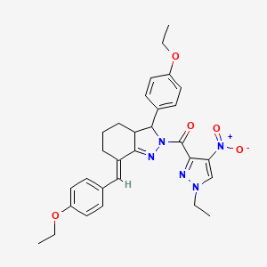 molecular formula C30H33N5O5 B5303149 7-(4-ethoxybenzylidene)-3-(4-ethoxyphenyl)-2-[(1-ethyl-4-nitro-1H-pyrazol-3-yl)carbonyl]-3,3a,4,5,6,7-hexahydro-2H-indazole 