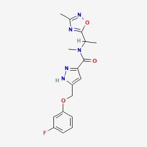 molecular formula C17H18FN5O3 B5303564 5-[(3-fluorophenoxy)methyl]-N-methyl-N-[1-(3-methyl-1,2,4-oxadiazol-5-yl)ethyl]-1H-pyrazole-3-carboxamide 