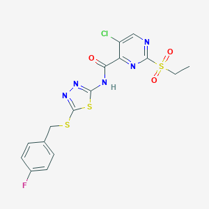 molecular formula C16H13ClFN5O3S3 B530415 5-chloro-2-(ethylsulfonyl)-N-{5-[(4-fluorobenzyl)sulfanyl]-1,3,4-thiadiazol-2-yl}pyrimidine-4-carboxamide 