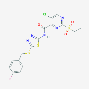 molecular formula C16H13ClFN5O3S3 B530415 5-氯-2-(乙基磺酰基)-N-{5-[(4-氟苄基)硫代]-1,3,4-噻二唑-2-基}嘧啶-4-甲酰胺 