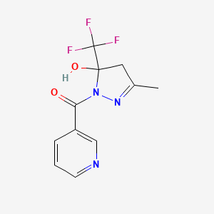 molecular formula C11H10F3N3O2 B5305906 3-methyl-1-(3-pyridinylcarbonyl)-5-(trifluoromethyl)-4,5-dihydro-1H-pyrazol-5-ol 