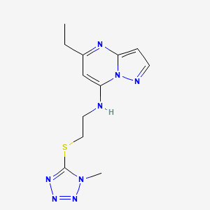 molecular formula C12H16N8S B5311146 5-ethyl-N-{2-[(1-methyl-1H-tetrazol-5-yl)thio]ethyl}pyrazolo[1,5-a]pyrimidin-7-amine 