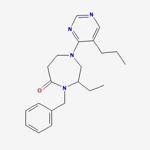 molecular formula C21H28N4O B5311719 4-benzyl-3-ethyl-1-(5-propyl-4-pyrimidinyl)-1,4-diazepan-5-one 