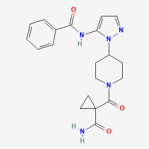 molecular formula C20H23N5O3 B5313288 N-[1-(1-{[1-(aminocarbonyl)cyclopropyl]carbonyl}piperidin-4-yl)-1H-pyrazol-5-yl]benzamide 