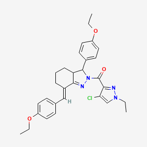 molecular formula C30H33ClN4O3 B5313307 2-[(4-chloro-1-ethyl-1H-pyrazol-3-yl)carbonyl]-7-(4-ethoxybenzylidene)-3-(4-ethoxyphenyl)-3,3a,4,5,6,7-hexahydro-2H-indazole 