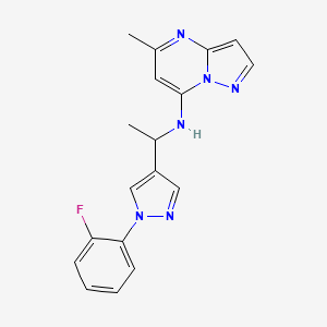 molecular formula C18H17FN6 B5315019 N-{1-[1-(2-fluorophenyl)-1H-pyrazol-4-yl]ethyl}-5-methylpyrazolo[1,5-a]pyrimidin-7-amine 