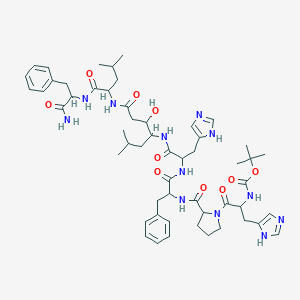 molecular formula C54H76N12O10 B532061 tert-butyl N-[1-[2-[[1-[[1-[[1-[[1-[(1-amino-1-oxo-3-phenylpropan-2-yl)amino]-4-methyl-1-oxopentan-2-yl]amino]-3-hydroxy-6-methyl-1-oxoheptan-4-yl]amino]-3-(1H-imidazol-5-yl)-1-oxopropan-2-yl]amino]-1-oxo-3-phenylpropan-2-yl]carbamoyl]pyrrolidin-1-yl]-3-(1H-imidazol-5-yl)-1-oxopropan-2-yl]carbamate CAS No. 86153-46-0