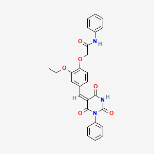 2-[2-ethoxy-4-[(E)-(2,4,6-trioxo-1-phenyl-1,3-diazinan-5-ylidene)methyl]phenoxy]-N-phenylacetamide