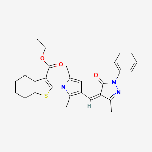 molecular formula C28H29N3O3S B5327961 ethyl 2-{2,5-dimethyl-3-[(3-methyl-5-oxo-1-phenyl-1,5-dihydro-4H-pyrazol-4-ylidene)methyl]-1H-pyrrol-1-yl}-4,5,6,7-tetrahydro-1-benzothiophene-3-carboxylate 