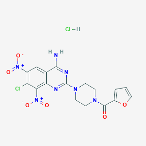 molecular formula C17H15Cl2N7O6 B053283 Piperazine, 1-(4-amino-7-chloro-6,8-dinitro-2-quinazolinyl)-4-(2-furanylcarbonyl)-, monohydrochloride CAS No. 111218-75-8