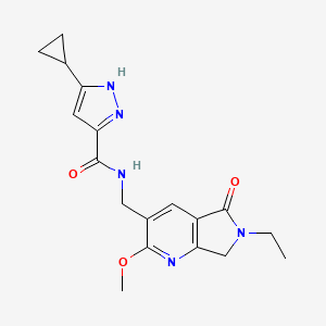 molecular formula C18H21N5O3 B5333038 3-cyclopropyl-N-[(6-ethyl-2-methoxy-5-oxo-6,7-dihydro-5H-pyrrolo[3,4-b]pyridin-3-yl)methyl]-1H-pyrazole-5-carboxamide 