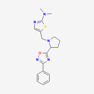 molecular formula C18H21N5OS B5333780 N,N-dimethyl-5-{[2-(3-phenyl-1,2,4-oxadiazol-5-yl)-1-pyrrolidinyl]methyl}-1,3-thiazol-2-amine 