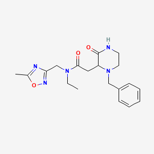 molecular formula C19H25N5O3 B5333927 2-(1-benzyl-3-oxo-2-piperazinyl)-N-ethyl-N-[(5-methyl-1,2,4-oxadiazol-3-yl)methyl]acetamide 