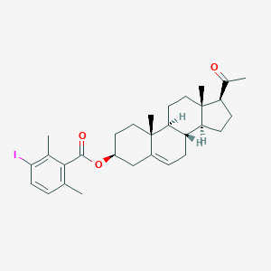 molecular formula C30H39IO3 B053583 [(3S,8S,9S,10R,13S,14S,17S)-17-acetyl-10,13-dimethyl-2,3,4,7,8,9,11,12,14,15,16,17-dodecahydro-1H-cyclopenta[a]phenanthren-3-yl] 3-iodo-2,6-dimethylbenzoate CAS No. 124784-16-3