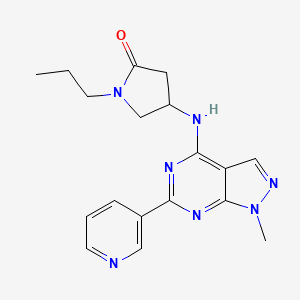 molecular formula C18H21N7O B5360230 4-{[1-methyl-6-(3-pyridinyl)-1H-pyrazolo[3,4-d]pyrimidin-4-yl]amino}-1-propyl-2-pyrrolidinone 