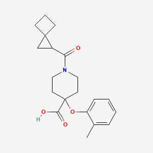 molecular formula C20H25NO4 B5367721 4-(2-methylphenoxy)-1-(spiro[2.3]hex-1-ylcarbonyl)piperidine-4-carboxylic acid 