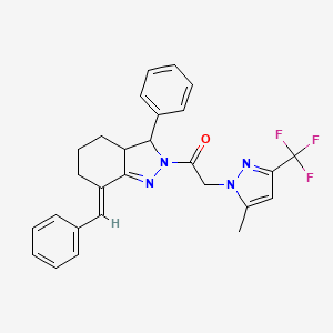 molecular formula C27H25F3N4O B5367727 2-[5-METHYL-3-(TRIFLUOROMETHYL)-1H-PYRAZOL-1-YL]-1-{3-PHENYL-7-[(E)-1-PHENYLMETHYLIDENE]-3,3A,4,5,6,7-HEXAHYDRO-2H-INDAZOL-2-YL}-1-ETHANONE 