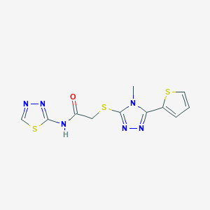 molecular formula C11H10N6OS3 B5368377 2-{[4-METHYL-5-(2-THIENYL)-4H-1,2,4-TRIAZOL-3-YL]SULFANYL}-N-(1,3,4-THIADIAZOL-2-YL)ACETAMIDE 