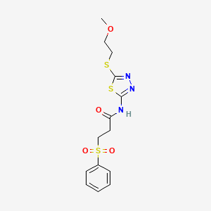 molecular formula C14H17N3O4S3 B5369589 N-{5-[(2-methoxyethyl)thio]-1,3,4-thiadiazol-2-yl}-3-(phenylsulfonyl)propanamide 