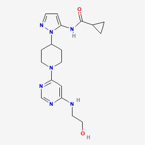 molecular formula C18H25N7O2 B5374537 N-[1-(1-{6-[(2-hydroxyethyl)amino]pyrimidin-4-yl}piperidin-4-yl)-1H-pyrazol-5-yl]cyclopropanecarboxamide 