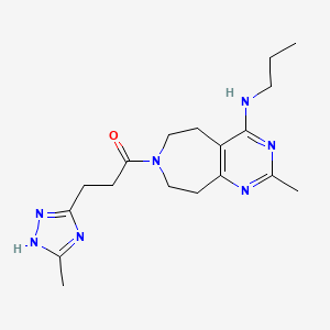 molecular formula C18H27N7O B5374572 2-methyl-7-[3-(5-methyl-1H-1,2,4-triazol-3-yl)propanoyl]-N-propyl-6,7,8,9-tetrahydro-5H-pyrimido[4,5-d]azepin-4-amine 