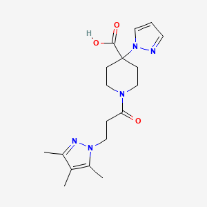 molecular formula C18H25N5O3 B5375476 4-(1H-pyrazol-1-yl)-1-[3-(3,4,5-trimethyl-1H-pyrazol-1-yl)propanoyl]piperidine-4-carboxylic acid 