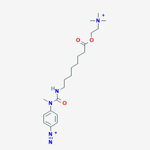 molecular formula C21H35N5O3+2 B053763 (N'-Methyl-N'-4-diazonium phenyl)(N-8-octanoic acid, 2-(trimethylammonium)ethyl ester)urea CAS No. 123252-23-3