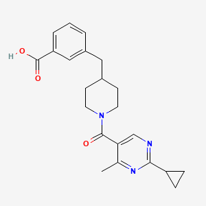molecular formula C22H25N3O3 B5376946 3-({1-[(2-cyclopropyl-4-methyl-5-pyrimidinyl)carbonyl]-4-piperidinyl}methyl)benzoic acid 